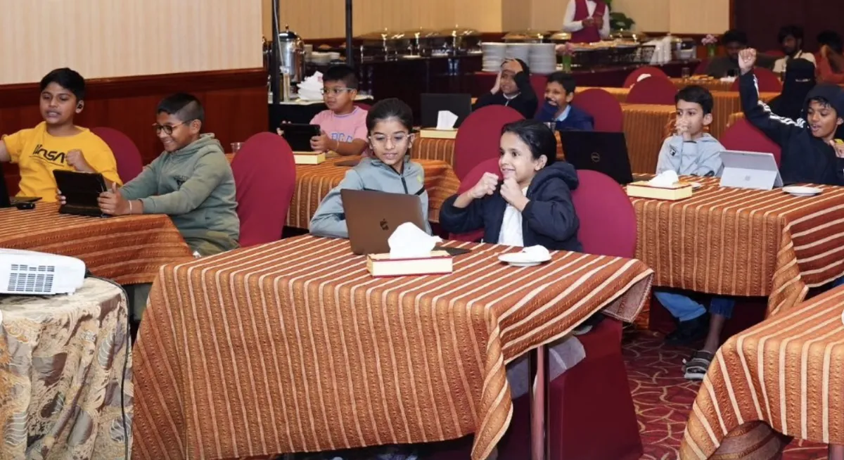 School students working on laptops during a Steyp AI awareness session in Al Nahda, Dubai